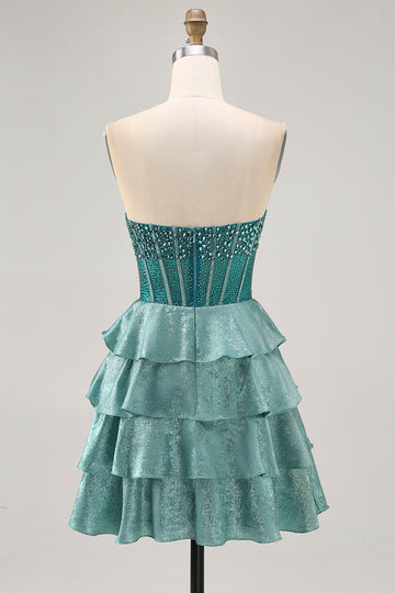 Peacock Green A-Line Corset Strapless Tiered Homecoming Dress with Rhinestones